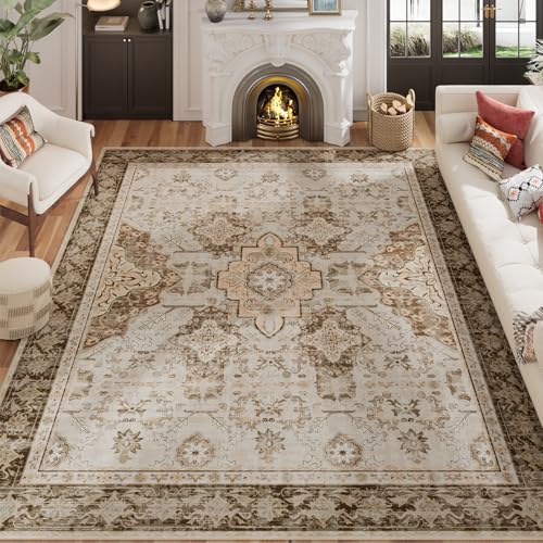 AMTOVO 6x9 Washable Area Rugs for Living Room, Non-Slip Boho Vintage Accent Medallion Print Pattern Carpet for Bedroom Dining Room Home Office Nursery Dorm Farmhouse, Light Brown