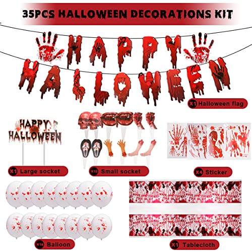 Horror Halloween Party Decorations Kit, Hanhan 35Pcs Halloween Themed Party Favors Supplies With Scary Happy Halloween Balloons Banner Stickers Cake Sockets Tablecloth For Adults Boy Girl Indoor Gifts #TOP2