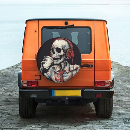 Image of Fashion Skull Spare Tire Cover, Universal Wheel Tire Cover Funny Skull Skeleton Tire Protectors for Trailer RV SUV Truck Camper 15 Inch