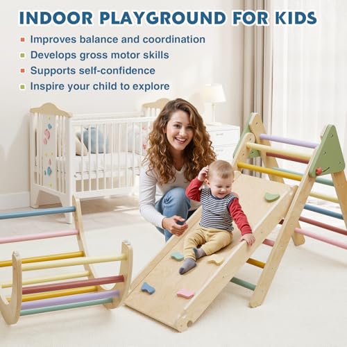 Image of Foldable Pikler Triangle Climbing Set Wooden 7 in 1 Montessori Climber Toys for Toddlers 1-3 Baby Jungle Gym Indoor Slide Playground with Ramp / Arch / Ladder Large Kids Activity Center Boy & Girl Gift