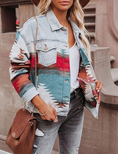 HangNiFang Aztec Denim Jacket Shacket for Women Button Down Vintage Distressed Blue Jean Jacket3