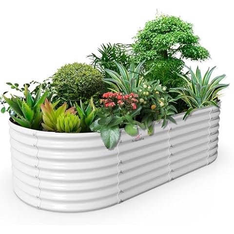 A ANLEOLIFE 8x4x2ft Galvanized Raised Garden Bed Kit, Oval Metal Deep Root Planters for Outdoor Plants Vegetables Flowers Herb, Large Bottomless, 478 Gallon Capacity- Antique White Cover