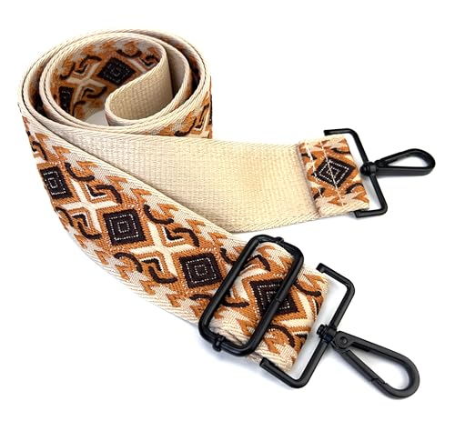 Image of Beige Brown Boho Diamond Purse Strap with Matte Black Hardware 2 Inch Wide Replacement Crossbody Guitar Style Shoulder Strap for Handbags Totes