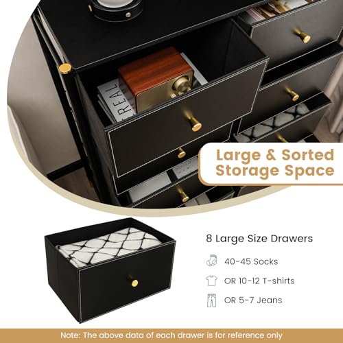 COSTWAY Chest of Drawers, PU Leather Fabric 5/6/8-Drawer Dresser Tower, Metal Frame Drawers Cabinet Storage Organizer Unit for Bedroom, Living Room, Closet and Hallway (Black, 4 Tiers-8 Drawers) - Image 3