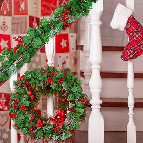 AnyDesign 15.7Ft Christmas Artificial Garlands with Holly Leaves and Red Berries Hanging Vine Xmas Faux Greenery Garlands for Winter Xmas Party Indoor Outdoor Home Wedding Frame Backdrop Decor, 2Pcs