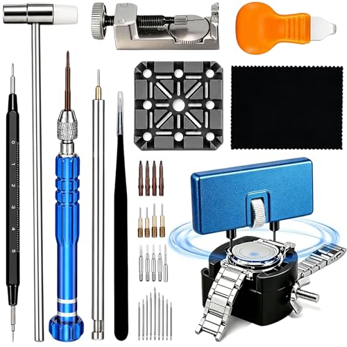 MARVLLGGOSO Watch Repair Kit with Spring Bar Tool 5-in-1 Screwdriver Link Remover Hammer Case Opener Tweezers Watch Holder Pry Tool Cleaning Cloth Spring Bars for Watch Battery Replacement & Band Adjustment