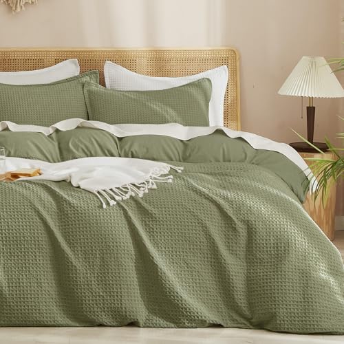Image of PHF Waffle Weave Duvet Cover Set Queen Size, No Snagging Ultra Soft Luxury Textured Breathable Comforter Cover for All Season 3pcs, Durable Bedding Duvet Set with 2 Pillow Shams, 90 inchx90 inch, Olive Green