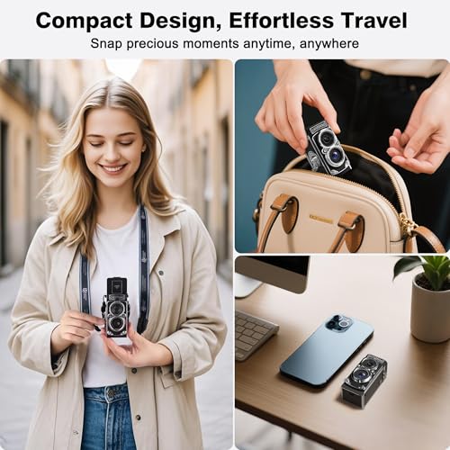 CHUZHAO Vintage Mini Digital Camera, Portable TLR Style Retro Point and Shoot Compact Small Pocket 1080P FHD Video 12MP Autofocus Vlogging Camera with 16 GB Card for Beginners Teens Adults Kids Black