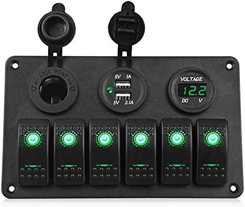 WATERWICH 6 Gang Marine Toggle Rocker Switch Panel Waterproof with Digital Voltmeter 3.1A Dual USB Charger Cigarette Lighter Socket for RV Car Boat Vehicles Truck Trailer Yacht (6 Gang Green)