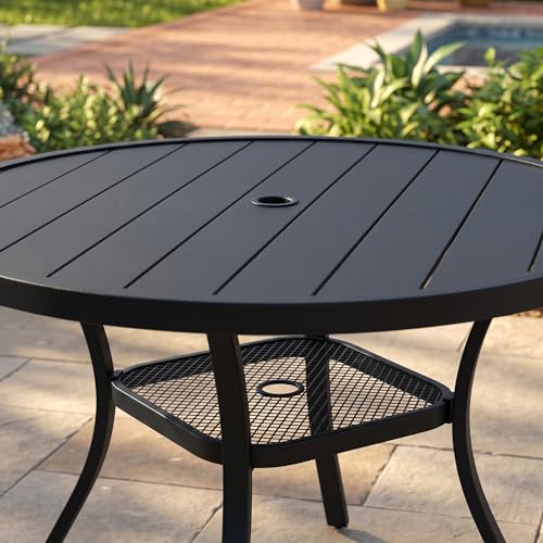 Image of VICLLAX Metal Outdoor Dining Table for 4, All Weather 40.7 inch Black Round Patio Table with Adjustable Umbrella Hole for Lawn, Garden, Balcony and Poolsides, Black Tabletop