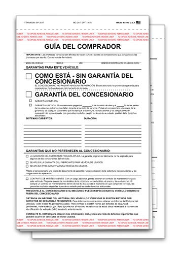 2 Part Dealer Buyers Guide Form Spanish Format - As is - No Dealer Warranty Dealer Warranty Dealership Car Lot New Used Vehicle…