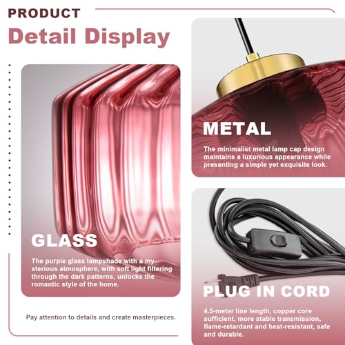 Image of Purple Glass Plug in Pendant Light 11.02 Inch with Gold Mount & Striped Shade, Adjustable Hanging Light Vintage Ceiling Lighting Fixture for Girls Room, Bedroom, Kitchen, Dining Table