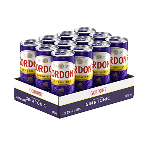 Gordons London Dry Gin & Tonic Erfrischendes Wacholder-Mixgetränk mit 10 Prozent Alkohol 12 Dosen x 250 ml (EINWEG Verpackung) Trinkfertiges Getränk für unterwegs & gesellige Anlässe