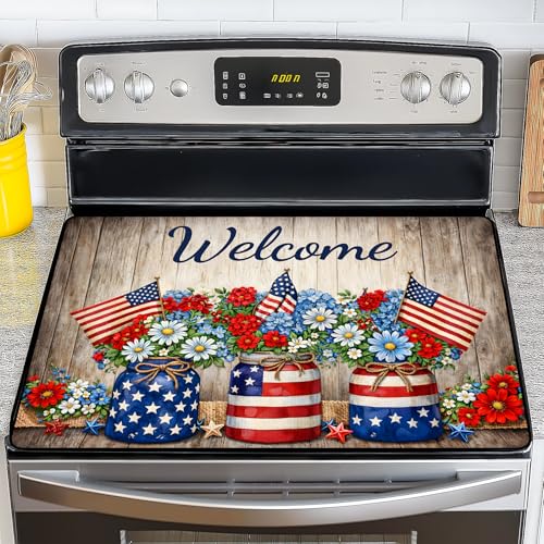 Image of Stove Top Covers for Electric Stove, Glass Stove Top Cover 28.5x20.5 in | Heat Resistant, Non-slip, Use on Electric or Ceramic Stove Protector, Dish Drying Mat, Country Floral and Flag Kitchen Decor
