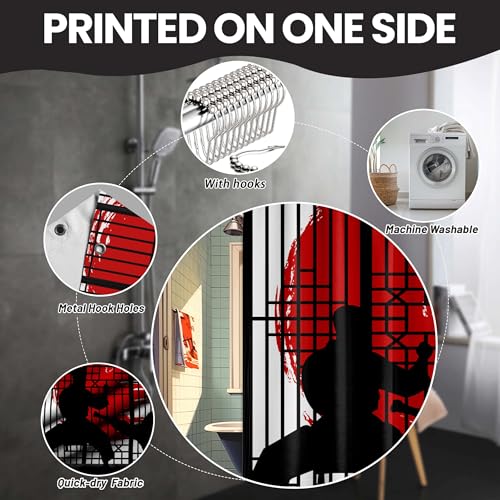 Image of Japanese Shower Curtain Japan Anime Asian Black and Red Shower Curtains for Mens Bathroom Decor Sets, Waterproof Cloth Fabric with Hooks, 72x84 Inch
