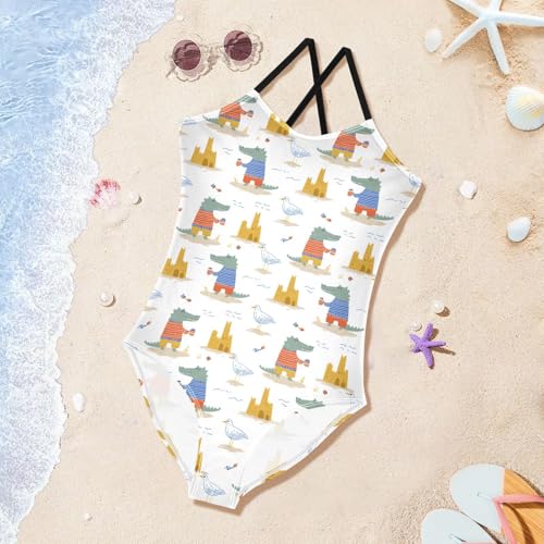 Crocodile Pigeon Pattern Girls One Piece Swimsuits Summer Quick Dry Beach Bathing Suit3