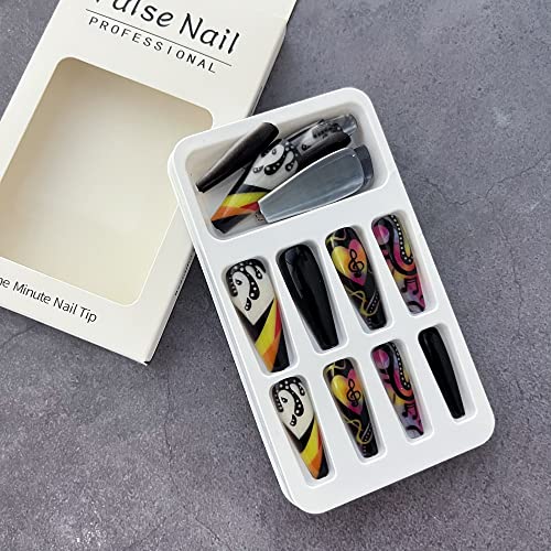Press On Nails Long Black Coffin False Nails With Designs Full Cover Fake Nails With Graffiti Musical Note Designs Glossy Stick On Nails Acrylic Artificial Nails For Women Girls #TOP4