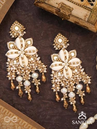 Image of SANJOYA by EVERSTYLISH Hand-Embroidered Statement Earrings for Women | Festive Ethnic Wear | Shell, Bead & Glass Drop Detailing | Lightweight, Gold-Toned Danglers for Weddings, Parties & Gifting