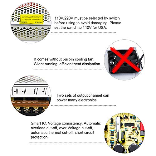 SHNITPWR 24V 5A 120W Switching Power Supply Adapter Transformer AC 110V 220V to DC 24 Volt 5amp 4.5A 4A 3.5A 3A 2A 1A Converter LED Driver 2 Channels for LED Lighting Projects 3D Printer CCTV Camera4