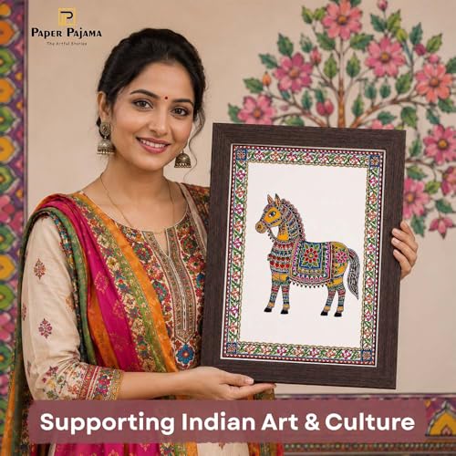 Image of PAPER PAJAMA Madhubani Vastu Horse Wall Art for Living Room | Traditional Indian Folk Painting | Mithila Art Framed Decor for Home, Office & Bedroom (10x13 Inches)