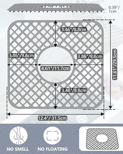 BEHOK 2 Pack Silicone Sink Protector for Kitchen Sink, Trellis Pattern 12 x 11\" Sink Grid Mat Silicone Protectors, Center Drain, Gray