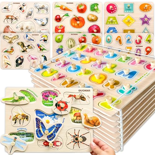 Image of QUOKKA 8 Wooden Puzzles for Toddlers 1-3 - Toddler Montessori Puzzles Ages 2-4 in a Rack - Learning Alphabet, Numbers and Animals Toy for Kids 3-5 - Wood Games Gift for Boys and Girls