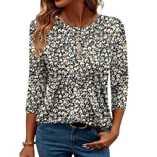 LOMON 3/4 Length Sleeve Womens Tops Dressy Casual Crewneck Pullover Tunics Summer Cute Blouses Fashion 2025 Tees Shirts Black Floral Medium
