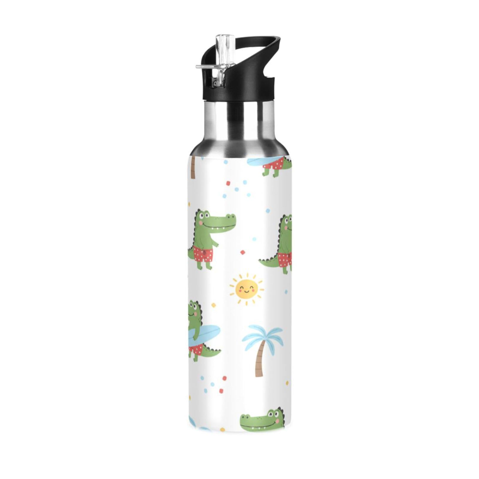 BOESI Beach Crocodile Pattern Insulated Water Bottle 600ml, Stainless Steel Vacuum Sports Bottle with Straw, Leak Proof Thermal Bottle for Gym Travel Outdoor