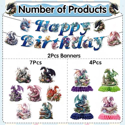 Image of Dragon Birthday Party Decorations Banners Swirls Honeycomb 13PCS | Dragon Party Decor 13pcs, Glitter Banners Swirls, Cardstock Honeycomb, Dragon Themed Birthday, Decor for Kids Boys Girls