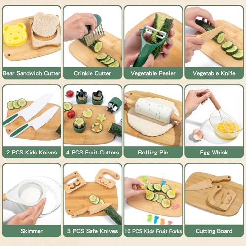 18 PCS Kids Cooking Sets Real, Montessori Kitchen Tools for Toddlers, Cooking & Baking Set for Kids Little Chefs, Toddler Knife Set, Crinkle Cutter, Cutting Board - Image 7