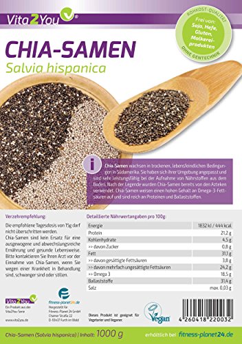 Vita2You Chia Samen - 1kg Zippbeutel - 1er Pack (1000g) - Salvia Hispanica - Premium Qualität – Bild 3