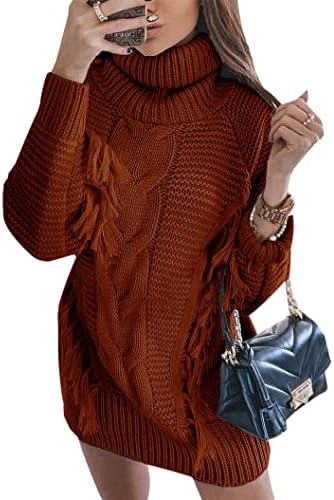 BTFBM Women Fashion Sweater Short Dress Long Sleeve Turtleneck Oversized Fall Winter Soft Chunky Knit Pullover Sweaters(Tassel Caramel, Medium)