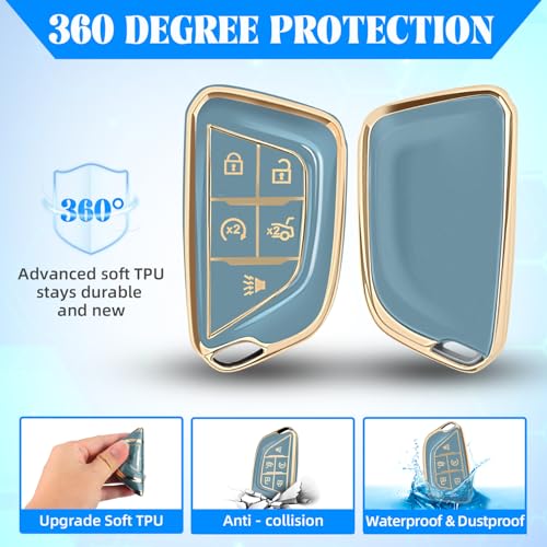 Image of QBUC for Cadillac Key Fob Cover with Leather Keychain (Gold Trim Blue) | Soft TPU Protection Case Compatible with 2020-2026 Cadillac Escalade Lyriq Optiq 5-Buttons