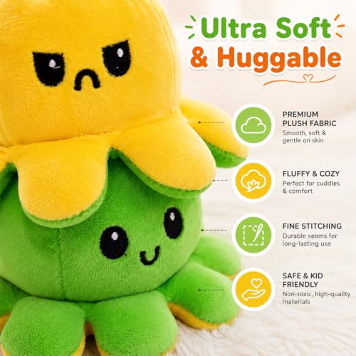 Image of Reversible Octopus Plush Toy 18 cm | Flip Mood Soft Toy | Double-Sided Happy & Angry Expression | Super Soft Stuffed Animal Plushie | Cute Kids Gift, Stress Relief Toy, Home Decor (Green - Yellow)