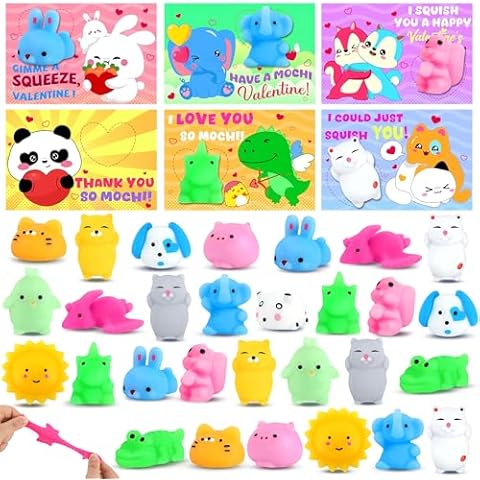 30 Pack Valentines Day Gifts Cards with Cute Mochi Squishies Toys for Kids Stress Relief Kawaii Mochi to Squeeze with Cards Valentines Day Cards for Kids School for Valentine Party Exchange Gifts Cover