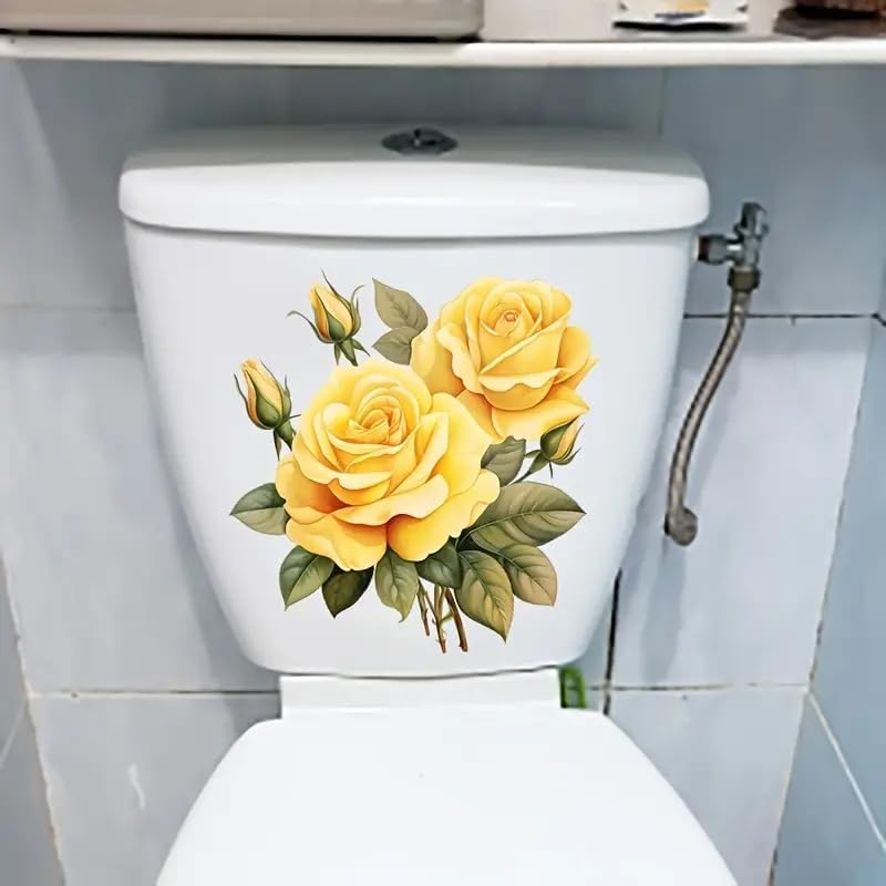 Yellow Rose Flower Butterfly Toilet Cover Sticker Decals,Spring Flower Leaf Butterfly Waterproof Toilet Lid Tank Seat Decals Cistern Self-Adhesive Bathroom Wall Sticker