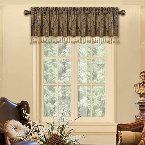 Loom And Mill Luxury Jacquard Valances For Bedroom Kitchen, Classic Bronze Gold Antique Living Room Window Curtain Valance With Tassels thumb #1