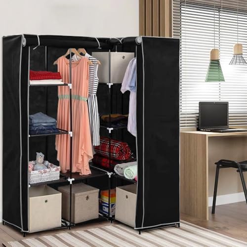 Armoire de Rangement Portable, Penderie d'angle avec Housse Anti-poussière, Penderie Tissu Intissé avec 2 Tringles, Armoire Chambre d'angle en L, Gain de...