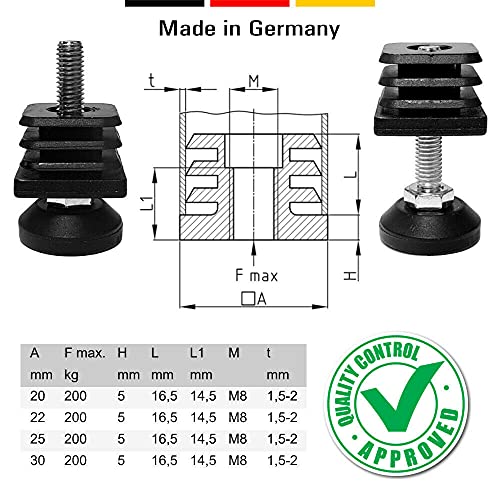 cyclingcolors 4x Gewindestopfen stopfen vierkantrohr stellfuß einstellbar schraubfuß möbelfuß Endkappe, 30mm x 30mm
