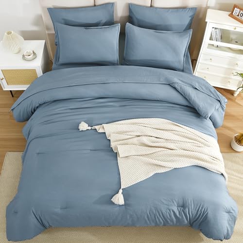 Litanika Comforter King Size Set Grayish Blue - 7 Pieces Bed in a Bag King Bedding Comforter Sets, Plain Lightweight Bed Set with Comforter, Sheets, Pillowcases & Shams