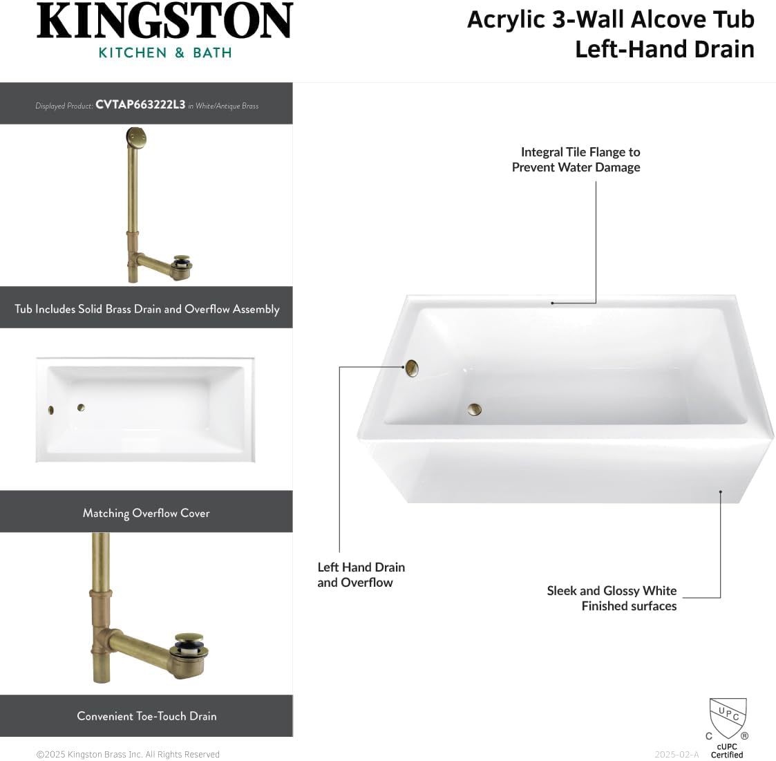 Aqua Eden CVTAP663222L1 66" Acrylic Rectangular 3-Wall Alcove Tub, Left Hand Drain, Glossy White/Polished Chrome