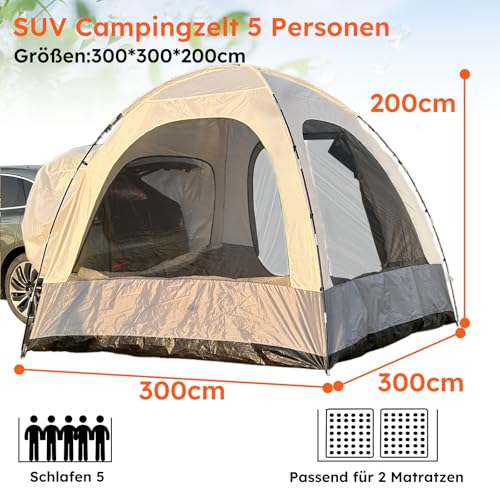 Heckzelt Auto 6 Personen, Großes Heckzelt SUV mit Waterproof Canopy, 300x300x220cm, Heckzelt Auto Kombi mit 3000 mm Wassersäule, Auto Heckzelt Für SUV, Heckklappenzelt mit Wasserdichtem Dach.