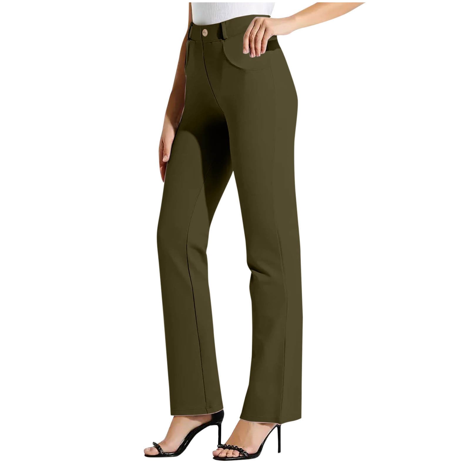Womens Stretchy Dress Pants 2 Pockets High Waist Pull On Office Slacks Casual Business Work Pants Long Trousers