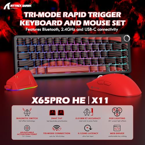 MAMBASNAKE X ATTACK SHARK X65PRO HE Szybki Trigger Klawiatura z X11 Gaming Myszka Komplet, Magnetyczny Przełącznik, Dokładność RT 0.01mm 8 kHz, BT/2.4G/USB-C, Magnetyczna Stacja Ładowania - Czerwony