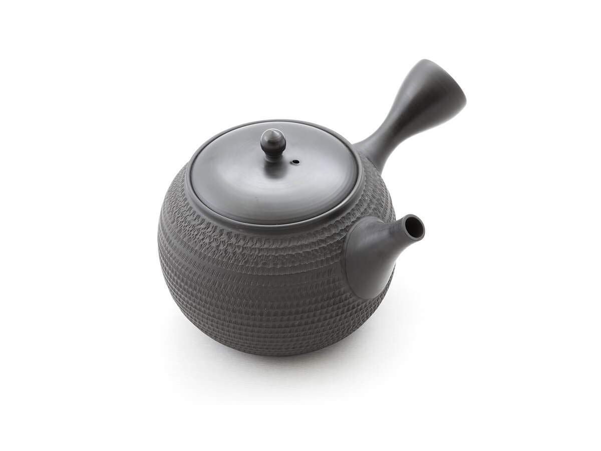 Japanische Teekanne Grüner Tee, Keramik Kyusu Tokoname Japan. Schwarz. Integriertes Tee-Sieb, nicht glasiert