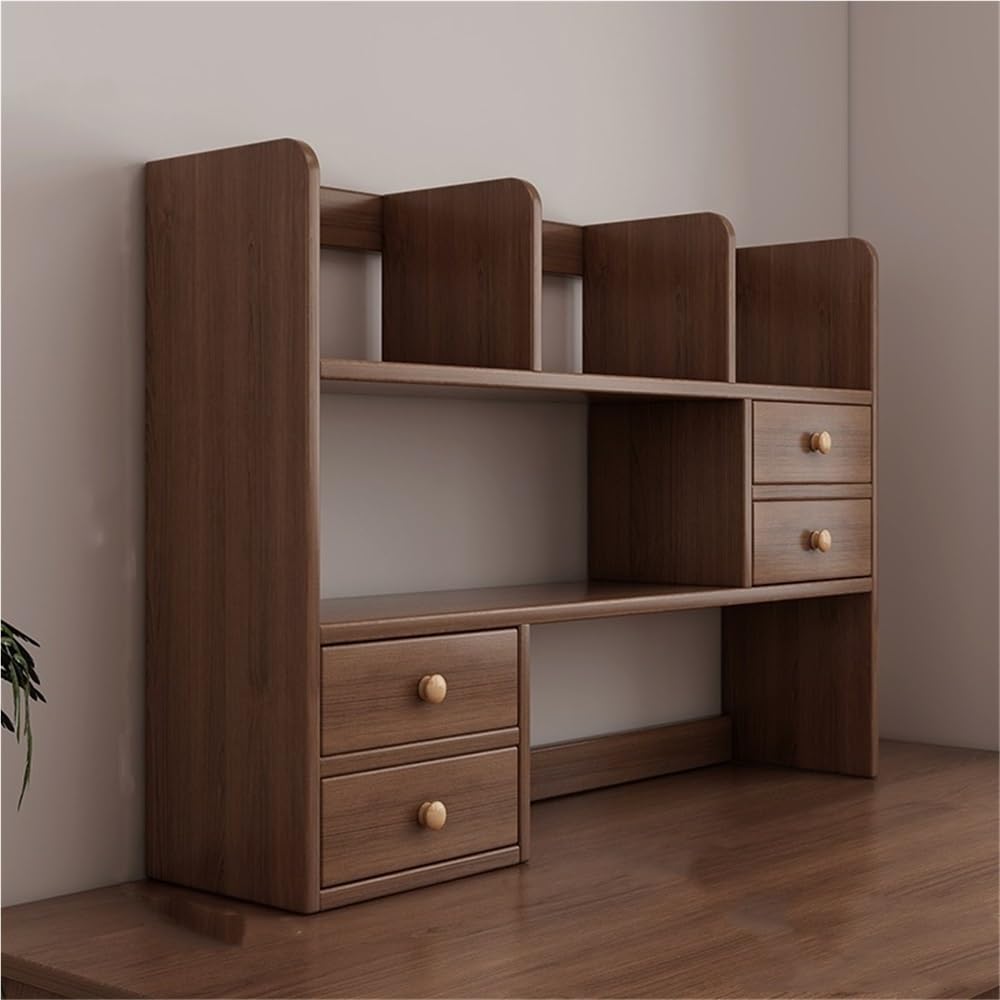 Boohelf de madera maciza con 4 puertas, organizador de escritorio multicapa para oficina y estante Sto (marrón, 39.4in x 6.7in x 31.5in)