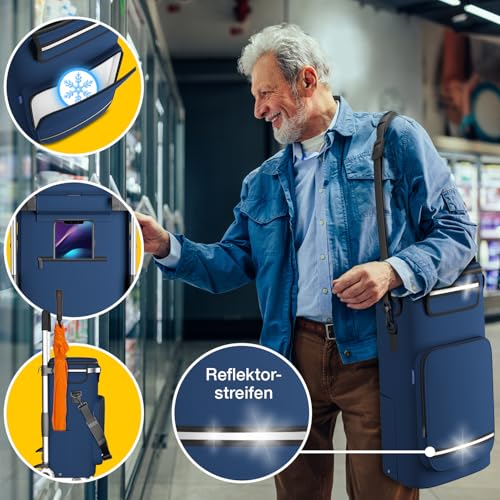 maxVitalis Einkaufstrolley Treppensteiger mit Kühlfach, Einkaufsroller klappbar, Shopping Trolley höhenverstellbar, Reflektoren, abnehmbare Tasche 43 L, Hackenporsche (Treppensteiger-Trolley, Navy) – Bild 6