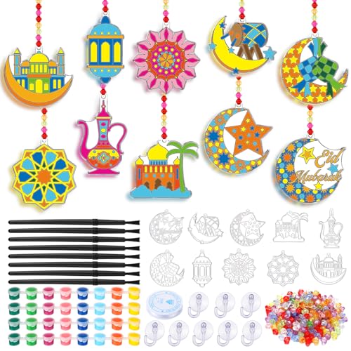 Beeveer 30 Sets Ramadan Suncatchers Art Kits DIY Eid Al Fitr Crescent Moon and Star Mosque Suncatcher Crafts Paint Your Own Window Ornaments for Boys Girls Islamic Eid Mubarak Activities Party Favor