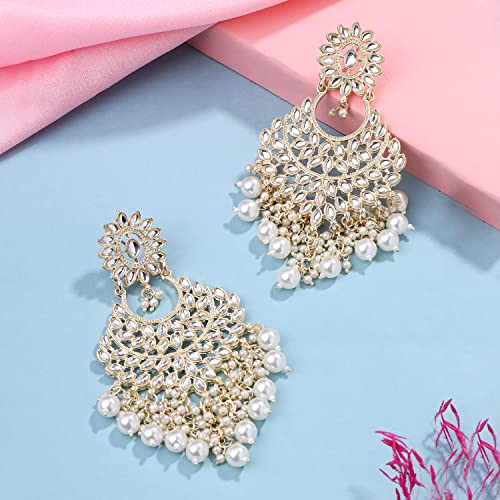 Image of Yellow Chimes Ethnic Gold Plated Meenakari Traditional Kundan Studded Floral Design Pearl Chandbali Earrings for Women and Girls