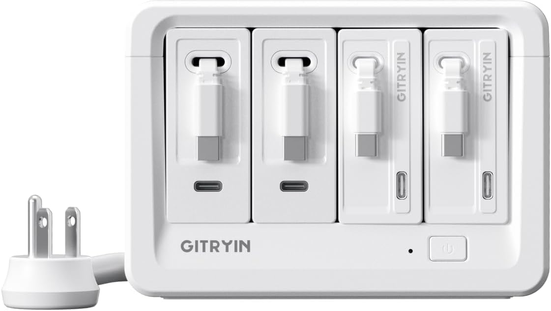 2 65W, 2 40W Type-C Retractable Wall Chargers and 1 Power Strip, 12-in-1 Desktop Charging Station